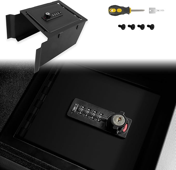 Fit 2025 2026 Tesla Model Y Juniper Center Console Gun Safe Vault For Tesla Model 3 Highland Armrest Lock Box Secure Vehicle Accessory with 4-digit Lock with Password Retrieval Key.