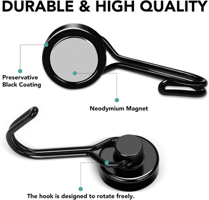 MIKEDE Magnetic Hooks, 40Lbs Heavy Duty Neodymium Magnet Hooks Black Magnets with Swivel Hooks for Hanging, Rust Proof Strong Magnets Hook, Magnetic Metal Hanger for Fridge, Storage, 6 Pack