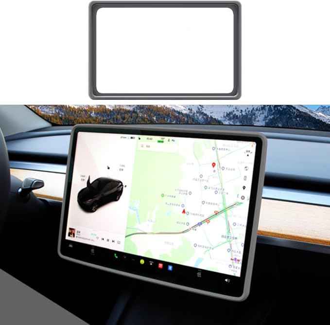 Center Console Screen Protector Frame Compatible with Tesla Model 3 Model Y 2025 2024 2023 2022 2021 2020 Display Decoration Interior Accessories, Silicone Grey