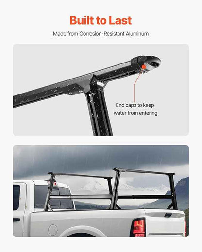 VEVOR Truck Ladder Rack, 21-31.5 in Height, Adjustable Non-Drilling Aluminum Cargo Rack with Sidebar, 800 lbs Static Capacity, Ideal for Canoes, Surfboards, Ladders, Lumber, Tents, and Large Cargo