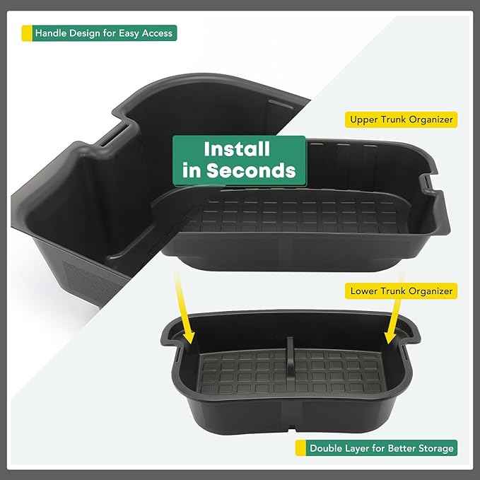 YHTAUTO Rear Trunk Organizer Compatible with Tesla Model Y 2020-2024 (For 5-Seater Only) Accessories, Waterproof Trunk Storage Bins Organizer Upper & Lower Dual Layer Rear Trunk Storage Box - Black