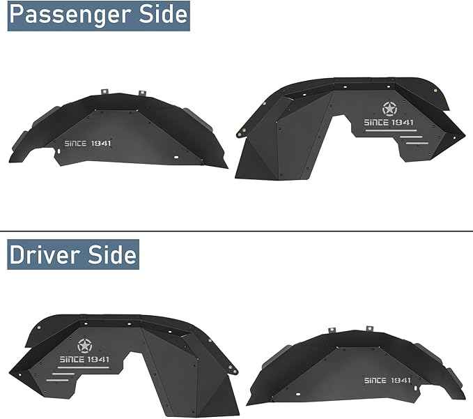 Hooke Road Wrangler JK Aluminum Inner Fender Liners for 2007-2018 Jeep Wrangler JK 2/4 Doors, Offroad Wheel Well Liner Cover - 4PCS Front & Rear Fender Liner Set