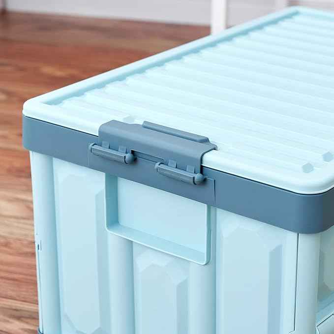 Blue Folding Plastic Stackable Utility Crates 2-Pack, Collapsible Storage Bins with Lids 30L, Durable Containers for Home & Garage Organization