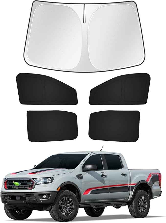 Sunshades for 2019-2025 2026 Ford Ranger 4Door Windshield Sunshade Side Rear Windows Sun Visor Shield Privacy Cover Keep Vehicle Cool Black 5PCS