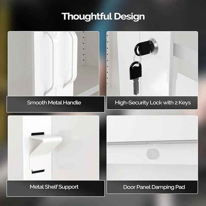 VINGLI Metal Wall Cabinet with Locking Glass Doors & Magnetic LED Sensor Light, Adjustable Shelf, Wall Mounted Storage Display Cabinets for Garage, Kitchen, Home Office, Warehouse, Living Room, White