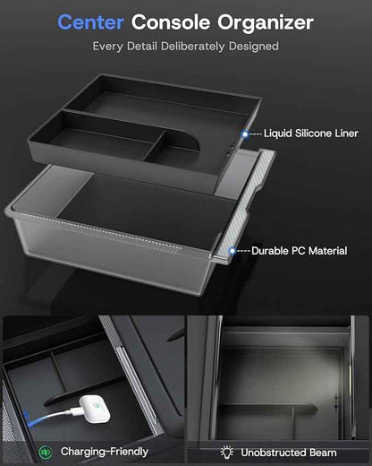Center Console Organizer for Tesla Model Y Juniper Accessories 2026 2025 & Tesla Model 3 Highland Accessories [Durable PC + Silent Silicone Liner] Armrest Storage Tray Wireless Charging Pad Cup Holder