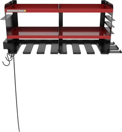 Permasteel Power Tool Organizer Wall Mount - 150 Lbs Load 3-Layer Heavy Duty Metal Storage Rack with Charging Station, Holds 6 Drills, 9 Hand Tools and 16 drill bits for Garage and Workshop, Red