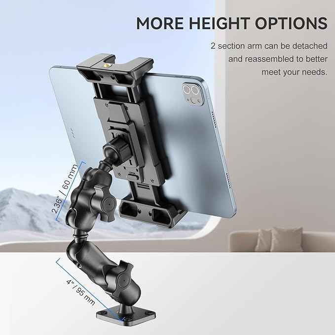 OHLPRO Tablet Mount for Truck - Dual Folding Aluminum Arm, Heavy-Duty Drill Base Car Tablet Holder for iPad & 5"-13" Tablets and Phones, Universal Dashboard Wall Desktop Business Mount