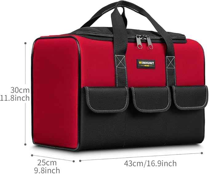 Tool Bags for Men, 17inch Tool Bag Organizer with 6Pockets, Waterproof 600D Fabric Cloth, 16.9 x 11.8 x 9.8 inches, Red and Black, Double Zipper