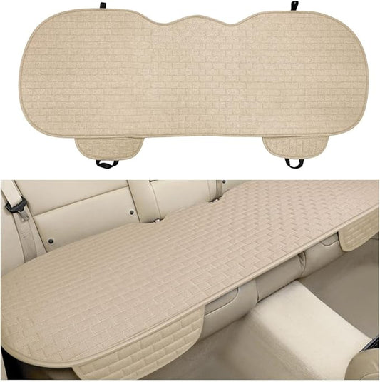 Back Car Seat Cover, Anti-Slip Breathable Linen Bottom Seat Protector Covers with Storage Pockets, Long Rear Seat Cushion Pad for Most Cars SUVs Truck Van (Beige)