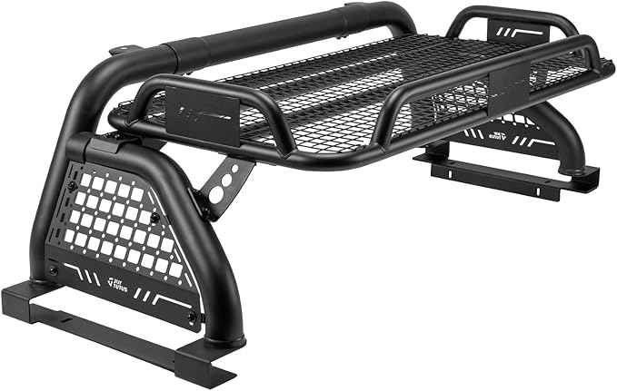 JOYTUTUS Roll Bar with Cargo Basket for Full-Size Truck, Extendable Chase Rack Pickup Sports Bar Compatible with F150, F250, F350, Silverado, Sierra, Ram