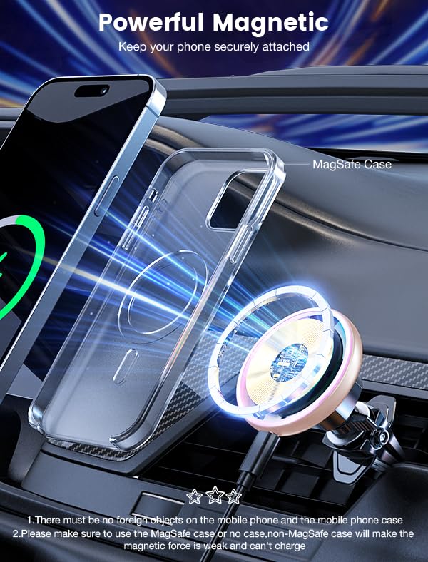 for Magsafe Car Mount Charger 15W LED RGB Car Phone Holder for Dash Vent