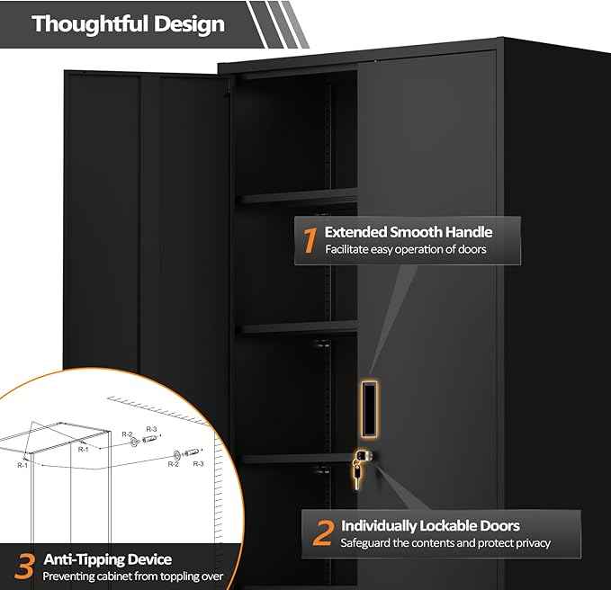 VINGLI Metal Garage Storage Cabinet with 2 Doors and 5 Adjustable Shelves, 71" Tall Steel Lockable File Cabinet, Locking Tool Cabinets for Home Office Garage Gym School (Black)