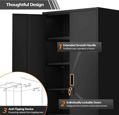 VINGLI Metal Garage Storage Cabinet with 2 Doors and 5 Adjustable Shelves, 71" Tall Steel Lockable File Cabinet, Locking Tool Cabinets for Home Office Garage Gym School (Black)