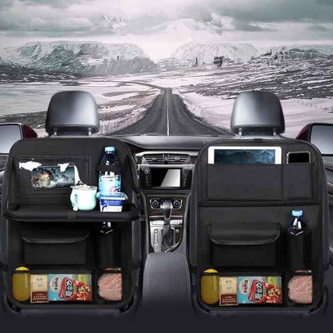 Tumecos Car Seat Back Organizer, 2 Pack Back Seat Organizers and Storage with Touch Screen Tablet Holder, Kick Mats, Back Seat Protector (black)