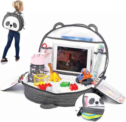 Lulyboo Toddler Car Seat Tray & Backpack - Kids Travel Lap Desk with Writing Surface, Panda Theme, Waterproof Spill-Proof, 8 Pockets, Built-in Tablet Holder, Adjustable Straps for Car & Air Travel
