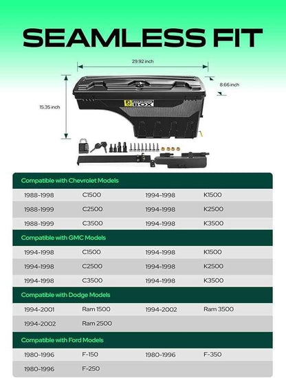 YHTAUTO Truck Bed Storage Tool Box Lockable Compatible with 1994-2002 Dodge Ram & 1980-1996 Ford F-Series & 1988-1998 Chevy GMC C/K Pickup, Passenger Side, Swing Waterproof Wheel Well ToolBox