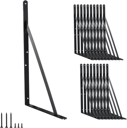 20 Pack L16 x H 10" Black Heavy Duty Shelf Brackets with Screws Metal Shelf Brackets Shelf Support Angle Brackets for Shelves L Brackets Heavy Duty Floating Shelf