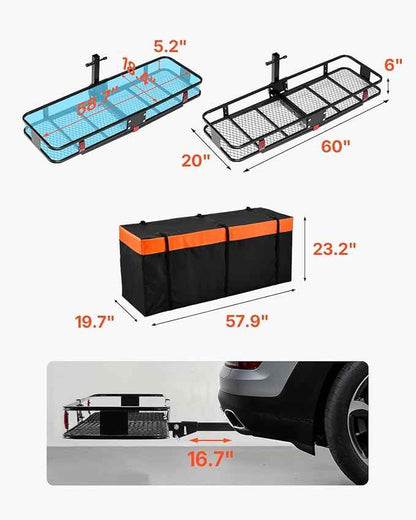 VEVOR 60"x20"x6", Hitch Cargo Carrier, 500 lbs Capacity Hitch Cargo Carrier with Cargo Net & Waterproof Cargo Bag, Folding Hitch Mount Cargo Carrier with Hitch Lock for 2" Receiver, Fit for SUVs