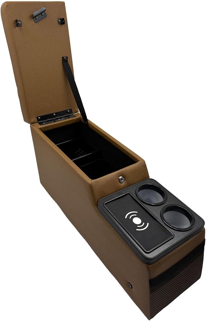 Truck Center Console Truck Seat/Bench Organizer with Wireless Charging and Holder Cups for Jeep CJ5 1976-1983,Jeep CJ7 1976-1986,Jeep Wrangler(YJ) 1987-1995 (Brown)