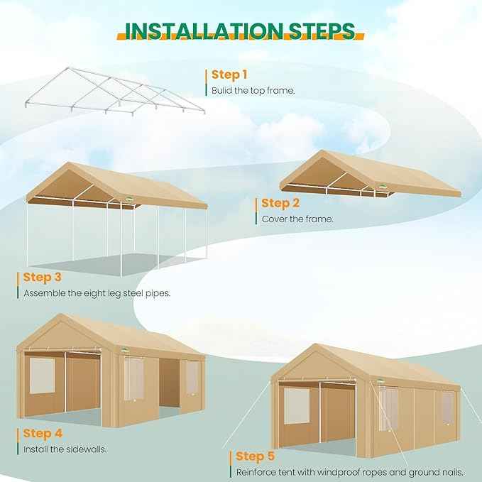 COBIZI 12x20 FT Heavy Duty Carport with Galvanized Frame, Carport Canopy with Roll-up Windows, Storage Tent with Removable Sidewalls & Doors, Built-in Sandbags for Car Boat Truck, Khaki