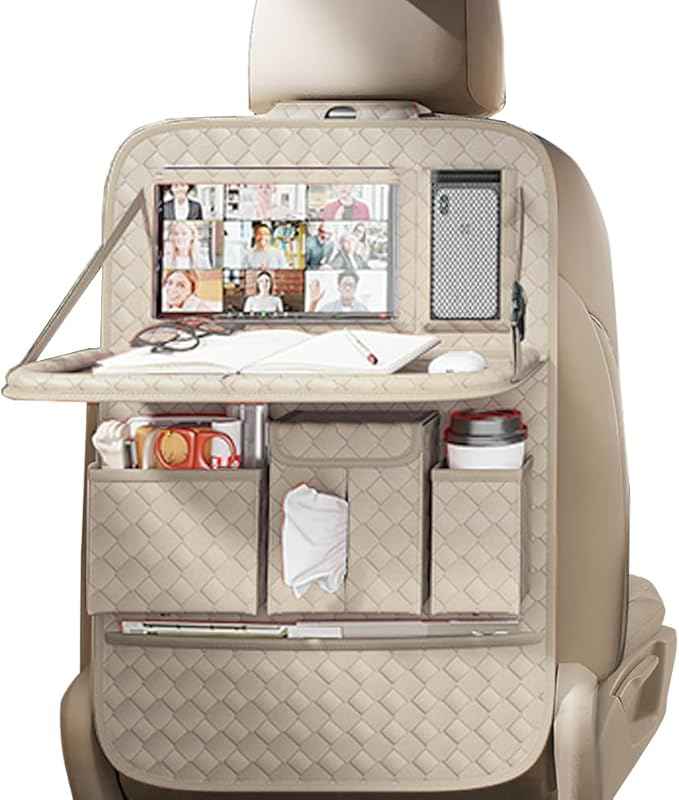 Car Seat Organizers,Multi-functional Back Seat Protectors, Storage Pouches, and Tray Holders (for Cars, Kids, Seat Back and Rear Seats) (Woven Beige, 1 Pcs)