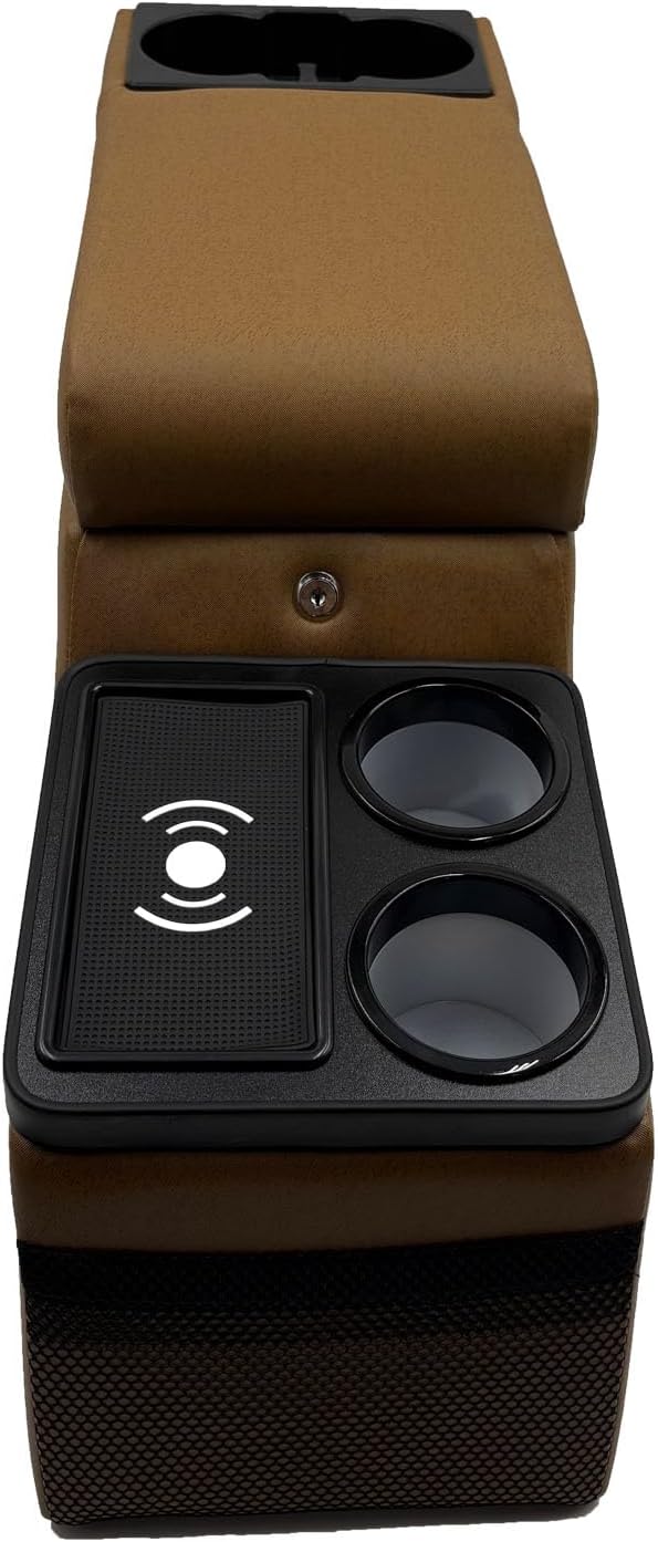 Truck Center Console Truck Seat/Bench Organizer with Wireless Charging and Holder Cups for Jeep CJ5 1976-1983,Jeep CJ7 1976-1986,Jeep Wrangler(YJ) 1987-1995 (Brown)