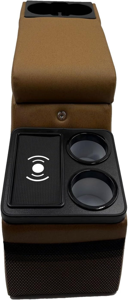 Truck Center Console Truck Seat/Bench Organizer with Wireless Charging and Holder Cups for Jeep CJ5 1976-1983,Jeep CJ7 1976-1986,Jeep Wrangler(YJ) 1987-1995 (Brown)