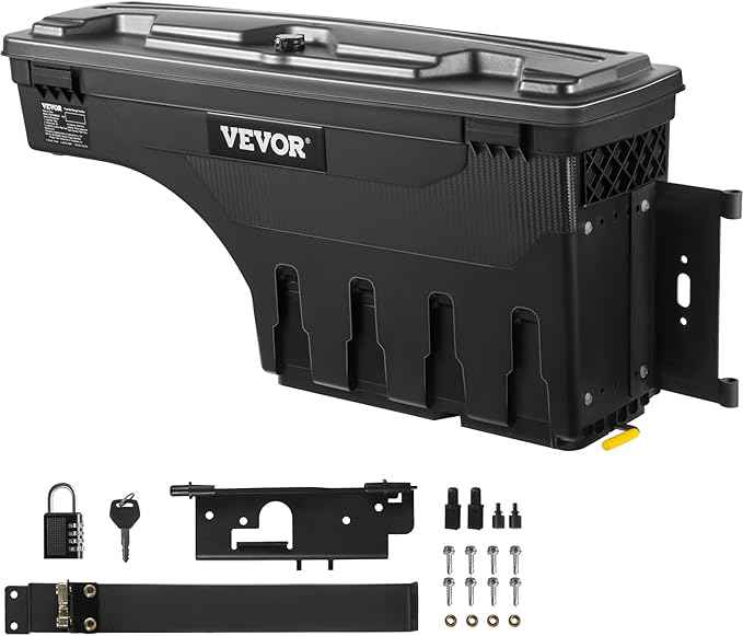 VEVOR Truck Bed Storage Box, Lockable Lid, Waterproof ABS Wheel Well Tool Box 6.6 Gal/20 L with Password Padlock, Compatible with Dodge Ram 1500 2019-2021, Passenger Side, Black