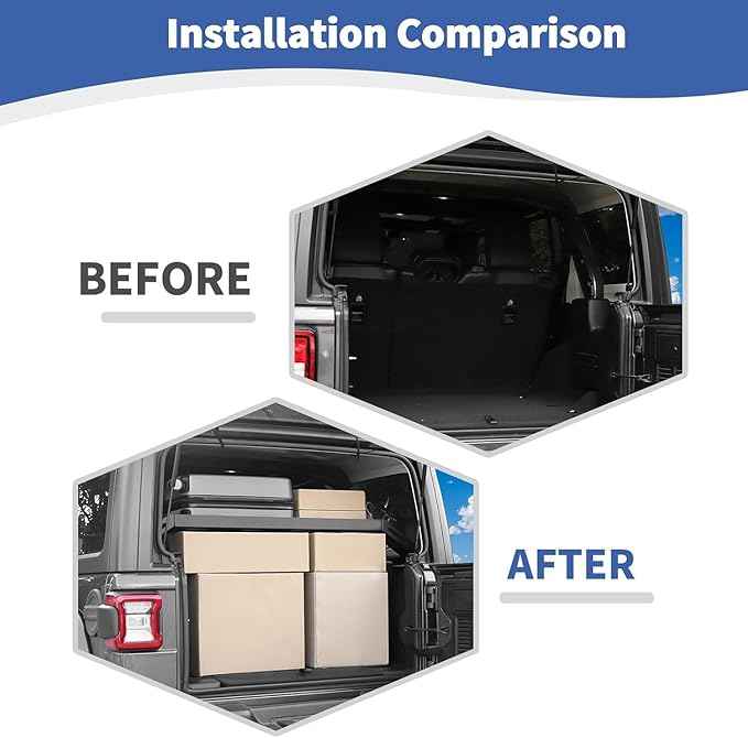 RT-TCZ Rear Trunk Cargo Rack Basket for Jeep Wrangler JKU (2007-2017) & JLU (2018+), 4 Door Interior Storage Shelf, Black Aluminum Alloy & Stainless Steel, 1PC Integrated Pallet