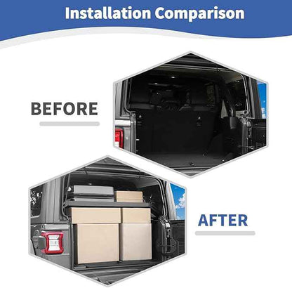 RT-TCZ Rear Trunk Cargo Rack Basket for Jeep Wrangler JKU (2007-2017) & JLU (2018+), 4 Door Interior Storage Shelf, Black Aluminum Alloy & Stainless Steel, 1PC Integrated Pallet
