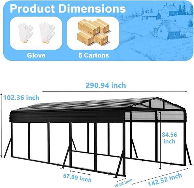 12x25FT Heavy Duty Metal Carport - Reinforced Galvanized Carport Canopy for All-Weather Shelter, Enhanced Wind Resistance for Boats, Cars, Trucks and Tractors