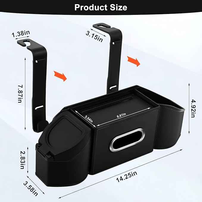 7-In-1 Car Seat Back Organizer with Cup Holders, Tissue Box, Garbage Can&Hooks, Multifunctional Headrest Storage Organizer, Headrest Cup Holder for Backseat, Car Accessories for Trips, Travels(Black)