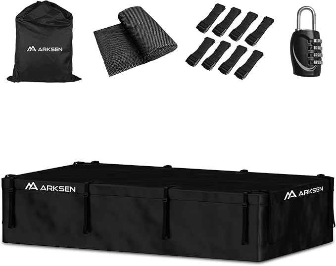 ARKSEN Extra-Wide 42 Cubic Feet Waterproof Rooftop Cargo Carrier Bag Heavy Duty Car Roof Rack Bag for Full-Size Cars w/ 8 Door Hook Straps +1 Combination Lock, 12 Reinforced Straps & Anti-Slip Mat