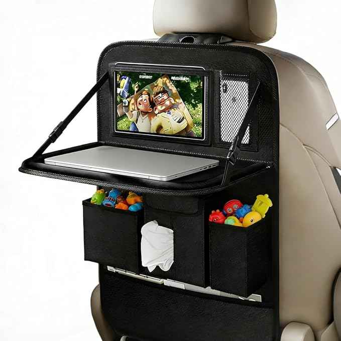 Car Seat Organizers,Multi-functional Back Seat Protectors, Storage Pouches, and Tray Holders (for Cars, Kids, Seat Back and Rear Seats) (Plain Black, 1 Pcs)
