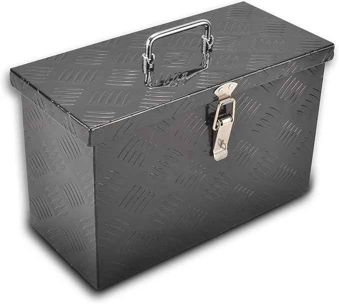 16 Inch Black Aluminum Tool Box 5 Bar Tread ToolBox for Truck Bed Car Outdoor Trailer Pickup Underbody RV ATV Storage Underbed Tools Organizer with Top Side Handle and Lock (16"X7.5"X10")