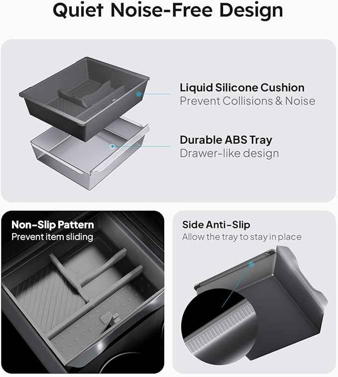 Wigoo Center Console Organizer for Tesla Model Y Juniper (Only Premium & Performance 2025 2026) and All Model 3 Highland Accessories [Double-Layer Storage, Smooth Sliding] 4PCS Gray