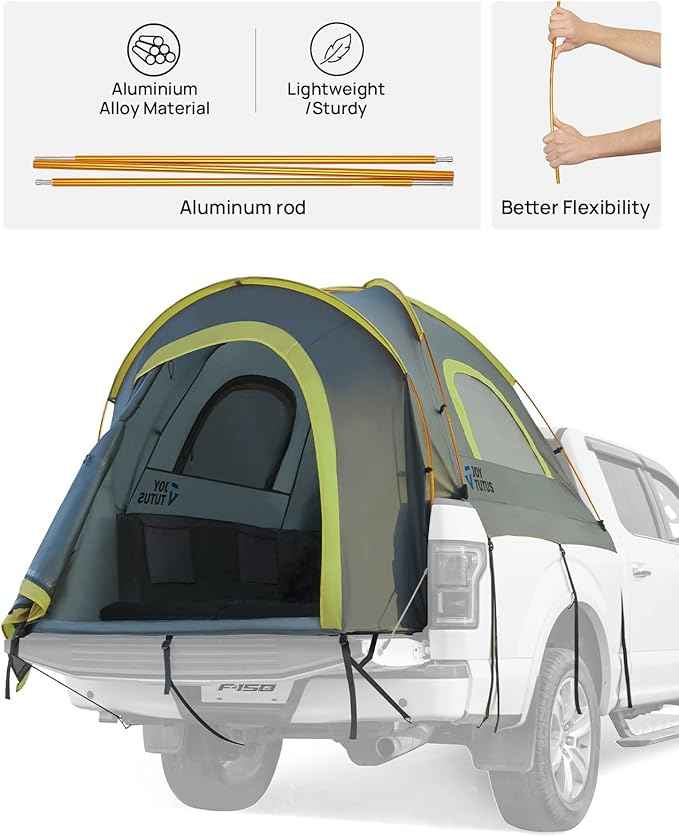JOYTUTUS Pickup Truck Tent 5ft 2.0, Waterproof PU2000mm Double Layer for 2 Person, Portable Truck Bed Tent with Rainfly, Green, Aluminum Pole