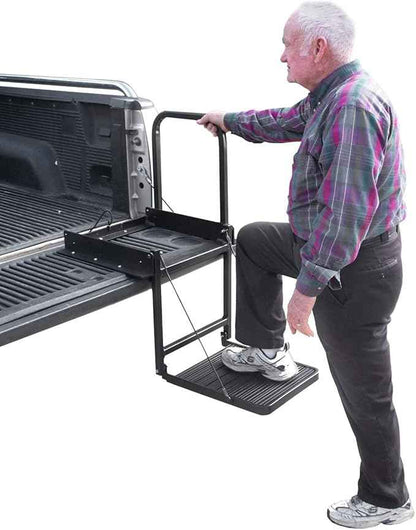 Great Day Truck N' Buddy Folding Tailgate Step/Seat Platform for Work Flatbed Trucks and Equipment Trailers - 300 lbs Weight Capacity - Black Powder-Coated Finish, TNB2000B