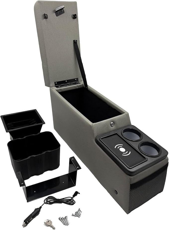 Truck Center Console Truck Seat/Bench Organizer with Wireless Charging and Holder Cups for Jeep CJ5 1976-1983,Jeep CJ7 1976-1986,Jeep Wrangler(YJ) 1987-1995 (Gray)