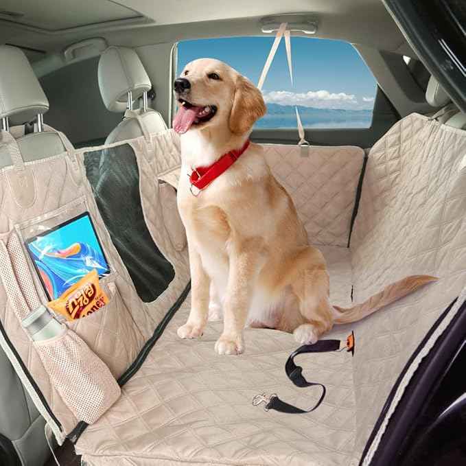 Dog Car Seat Cover for Back Seat, Dog Hammock for Car, Waterproof Backseat Cover for Dogs in Car SUV & Truck, with Mesh Window and Multiple Pockets