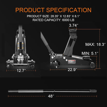 3 Ton Floor Jack Hydraulic Jack for Car with Dual Pumps, Quickly Lift for Cars, SUVs, Vans, Trucks, Heavy-Duty Steel Racing Floor Jack, 6600 lb Capacity