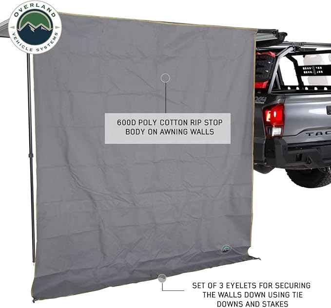 Overland Vehicle Systems HD Nomadic 6.5’ Awning Shade Wall - 280G Poly Cotton Rip Stop Grey Body, Green Trim - C Channel Attachment - Included Storage Bag