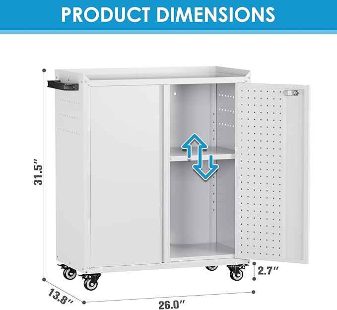 Aobabo 31.5" H Garage Storage Cabinet with Wheels,Lockable Metal Storage Cabinet with 2 Doors for Garage Home Office Storage,White,Assembly Required
