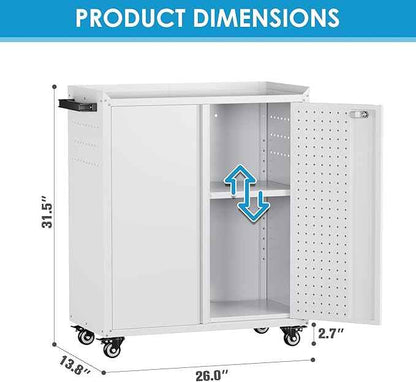 Aobabo 31.5" H Garage Storage Cabinet with Wheels,Lockable Metal Storage Cabinet with 2 Doors for Garage Home Office Storage,White,Assembly Required
