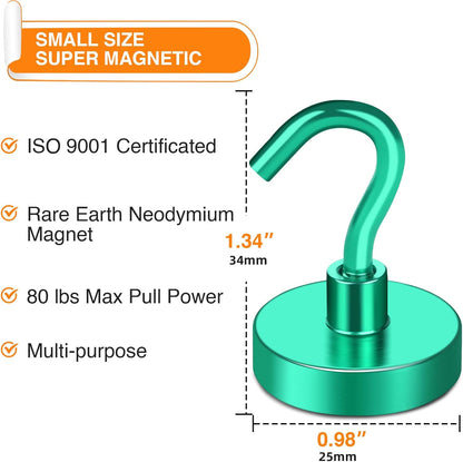 MIKEDE Magnetic Hooks Heavy Duty, 80LB Strong Magnet with Hook for Fridge, Super Neodymium Extra Strength Industrial Hooks for Hanging, Magnetic Hanger for Toolbox, Cruise, Grill(Green,4 Pack)