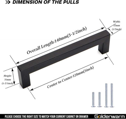 goldenwarm 200 Pack 5 Inch Black Cabinet Handles - Matte Black Drawer Pulls Stainless Steel - 128mm Cabinet Hardware Square Bar Modern Cabinet Pulls for Kitchen Bathroom Cupboard
