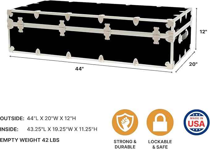 Rhino Trunk & Case Trundle Home Storage & College Trunk With Wheels - 44”x20”x12” - 1500+ lbs Capacity. USA Made Secure Under-Dorm Bed Footlocker for Clothes and Food, and Underbed Shoe Storage Box