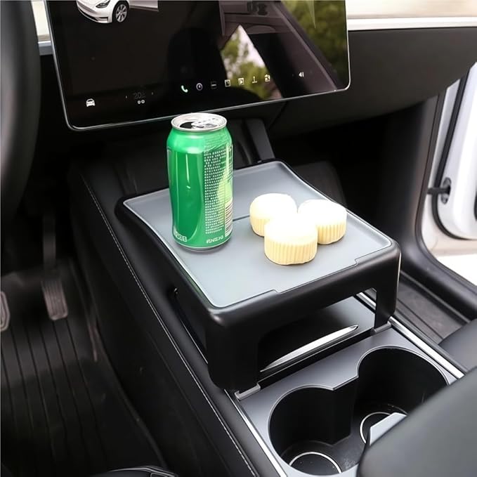 GGCLIMAX Dining Tray Compatible with Tesla Model 3/Y 2021-2023 Center Console Food Drink Table With Anti Slip Silicone Mat Foldable ABS Storage Organizer Car Essentials(ABS)