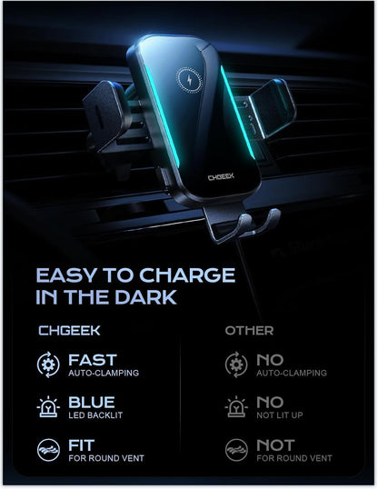 CHGeek 15W Wireless Car Charger – Auto-Clamping Qi Fast Charging Vent Mount with LED Light; Compatible with iPhone 13-16 & Samsung S22-S24 (Knight Black)